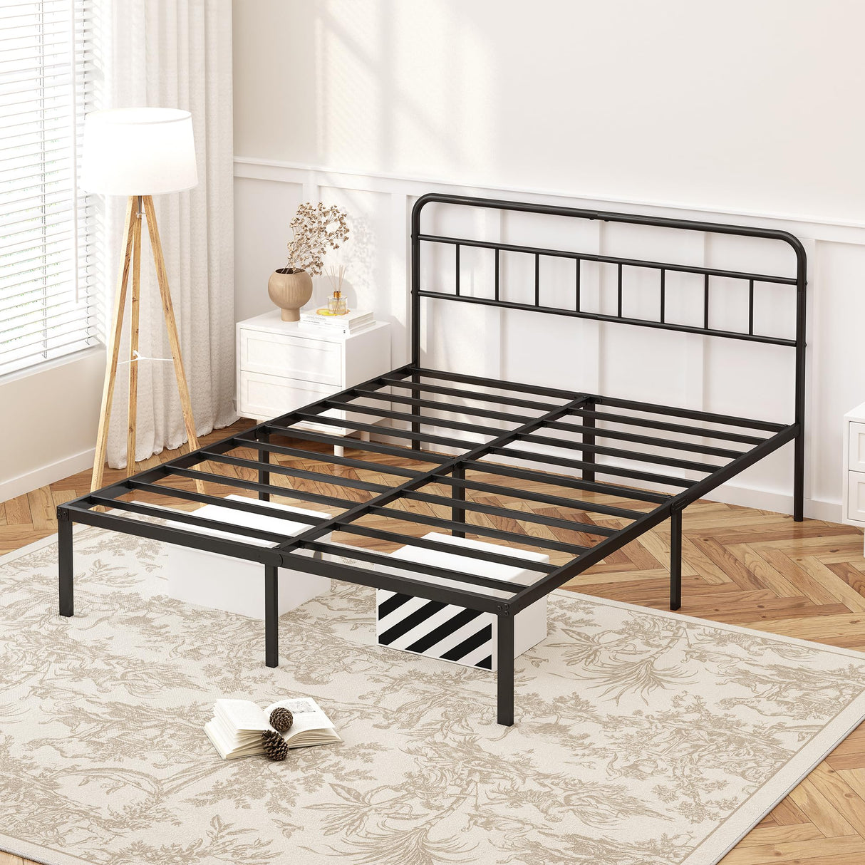 12-Inch Queen Bed Frame with Minimalist Headboard - Black Metal Platform