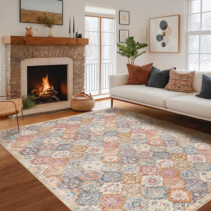 Moroccan 8x10 Area Rugs, Oriental Rug for Living Room, Non Slip Foldable Washable