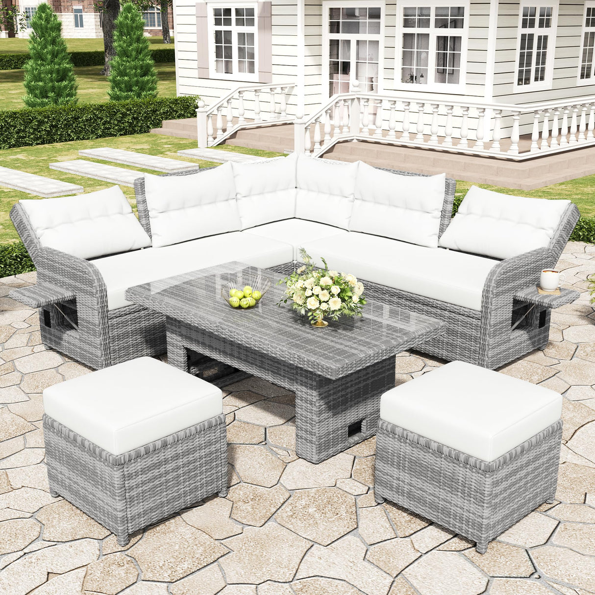 Patio Rattan Sectional Sofa Set with Adjustable Table