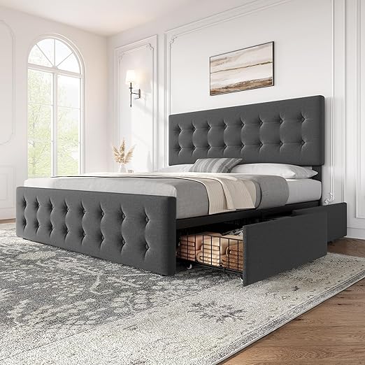 Idealhouse Upholstered Bed Frame with 4 Drawers & Adjustable Tufted Headboard