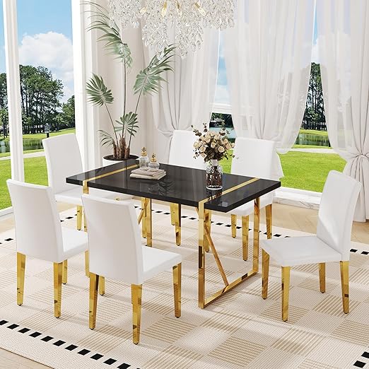 55" Black Dining Table Set for 6 with Golden Metal Legs