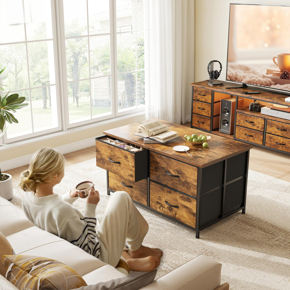 Coffee Table with Storage for Living Room, Rustic Brown Center Table with Drawer