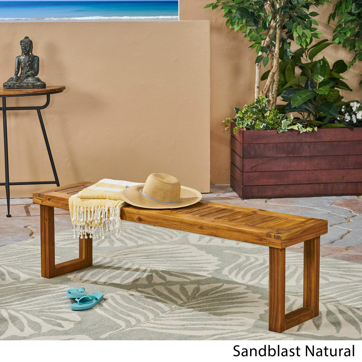 Kemp Outdoor Acacia Wood Bench, Sandblast Natural Finish