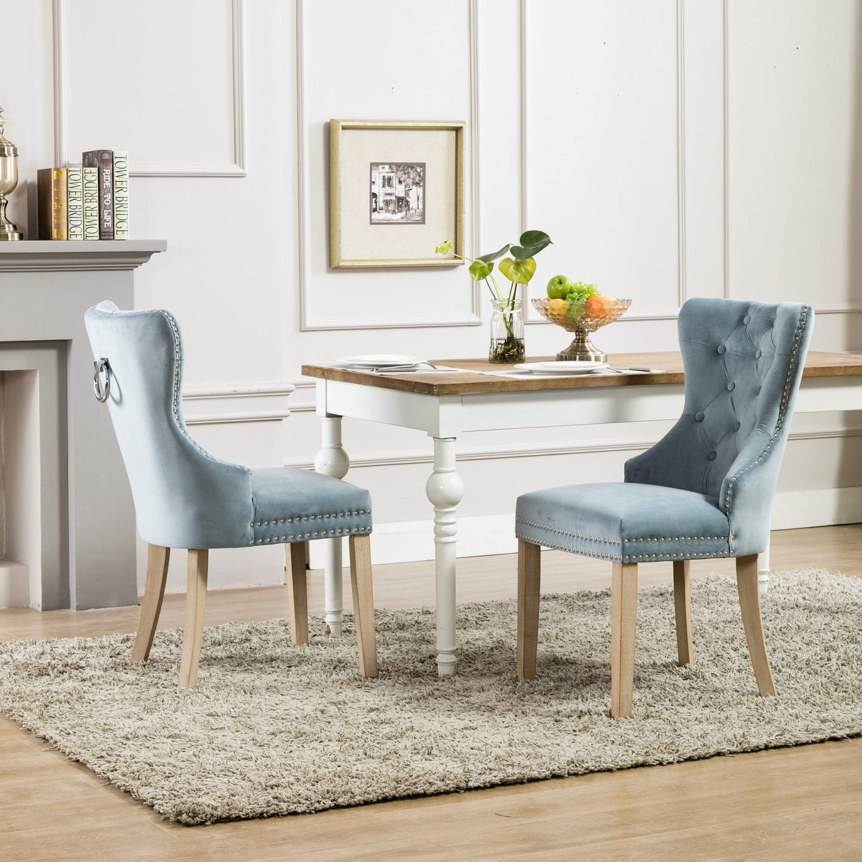 Blue Velvet Upholstered Dining Chairs with Nailhead Trim - Set of 2