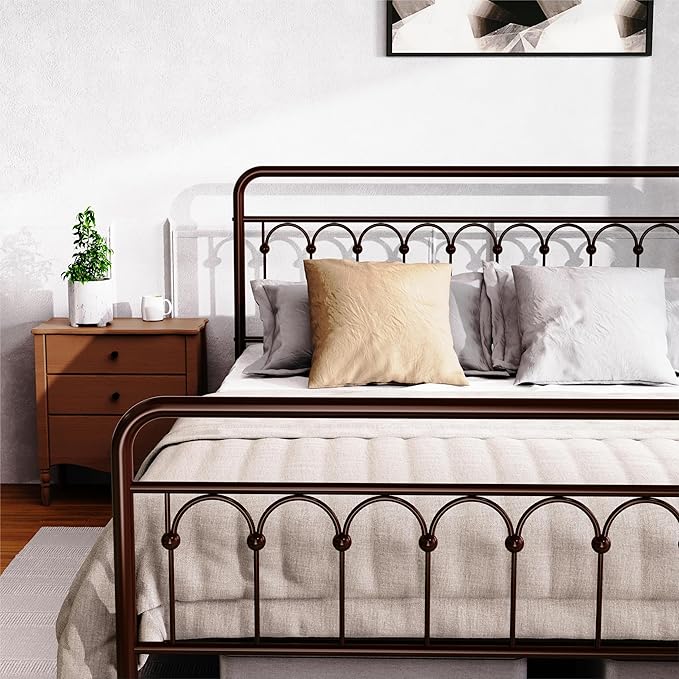 Vintage Queen Metal Bed Frame with Headboard and Footboard Platform