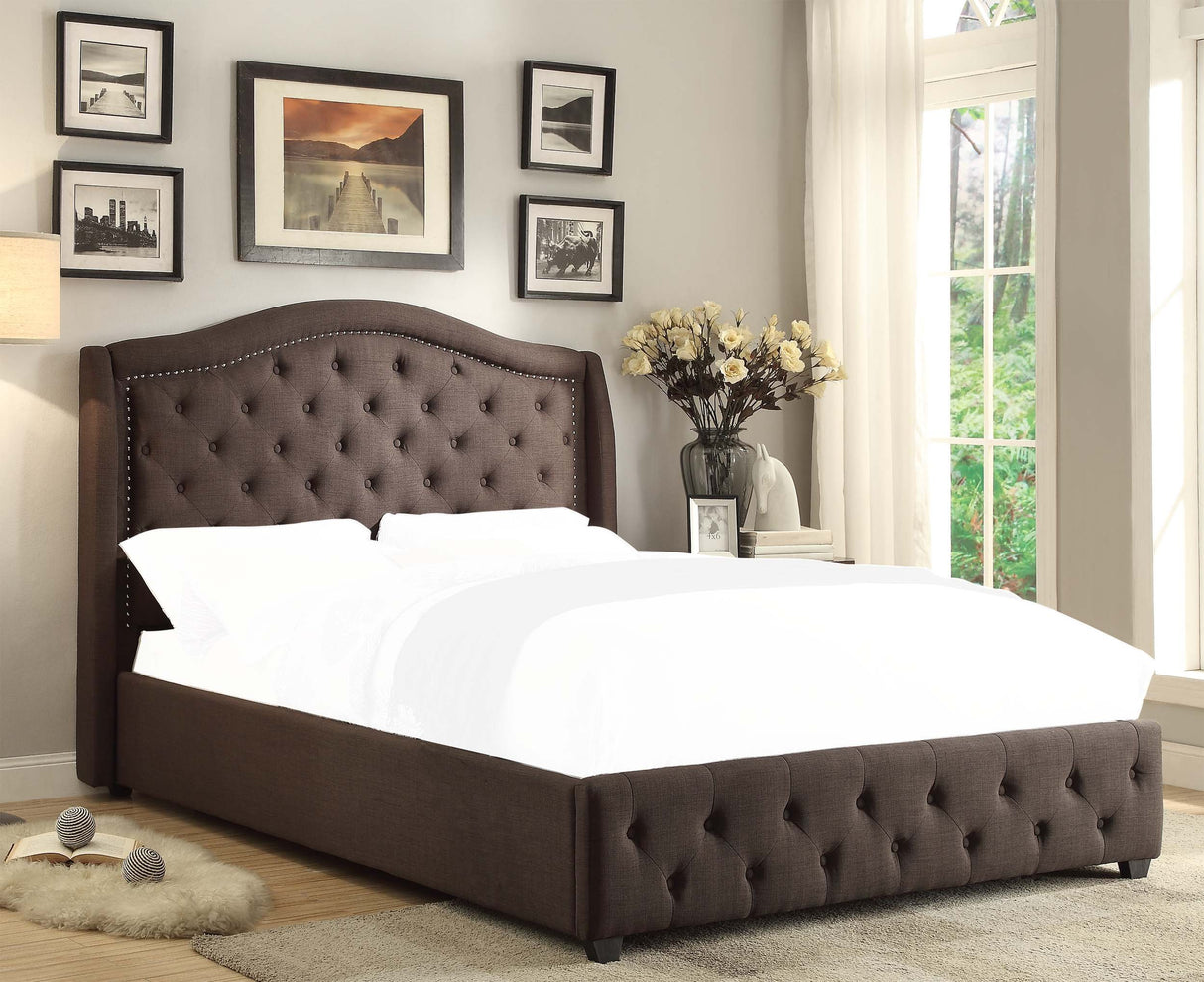 Button Tufted Linen Like Upholstered Bed, Full, Grey