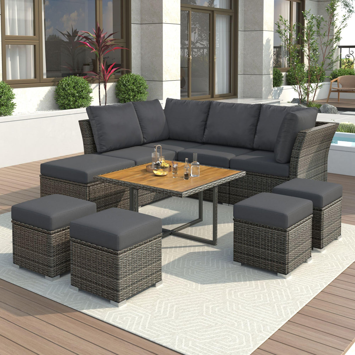9 Pieces Patio Furniture Set, All Weather Wicker Rattan Outdoor Sectional Sofa Conversation Set