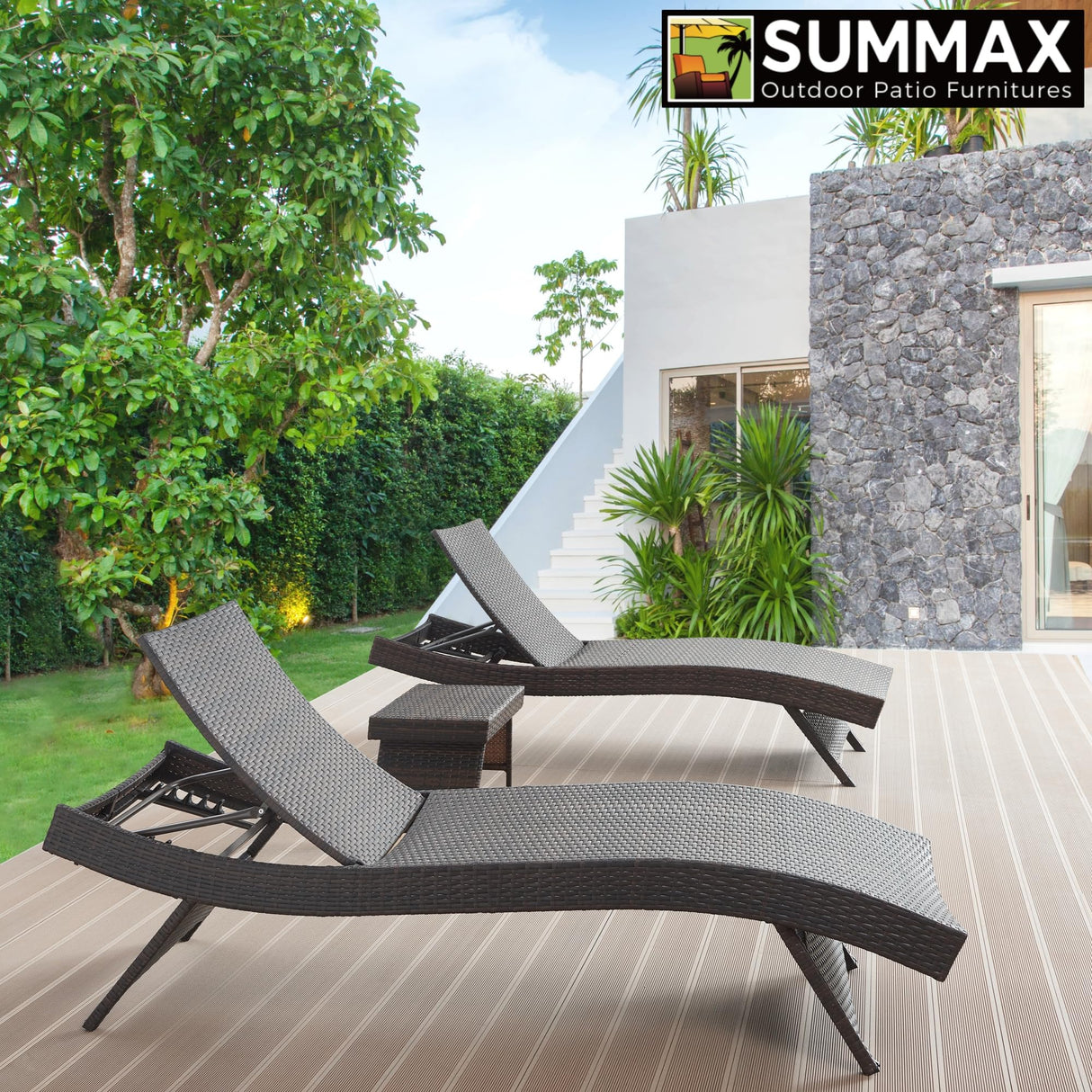 Long Reclining Chair Set of 2 with Cushions, Chaise Lounge Wicker Reclining Lounge Chair