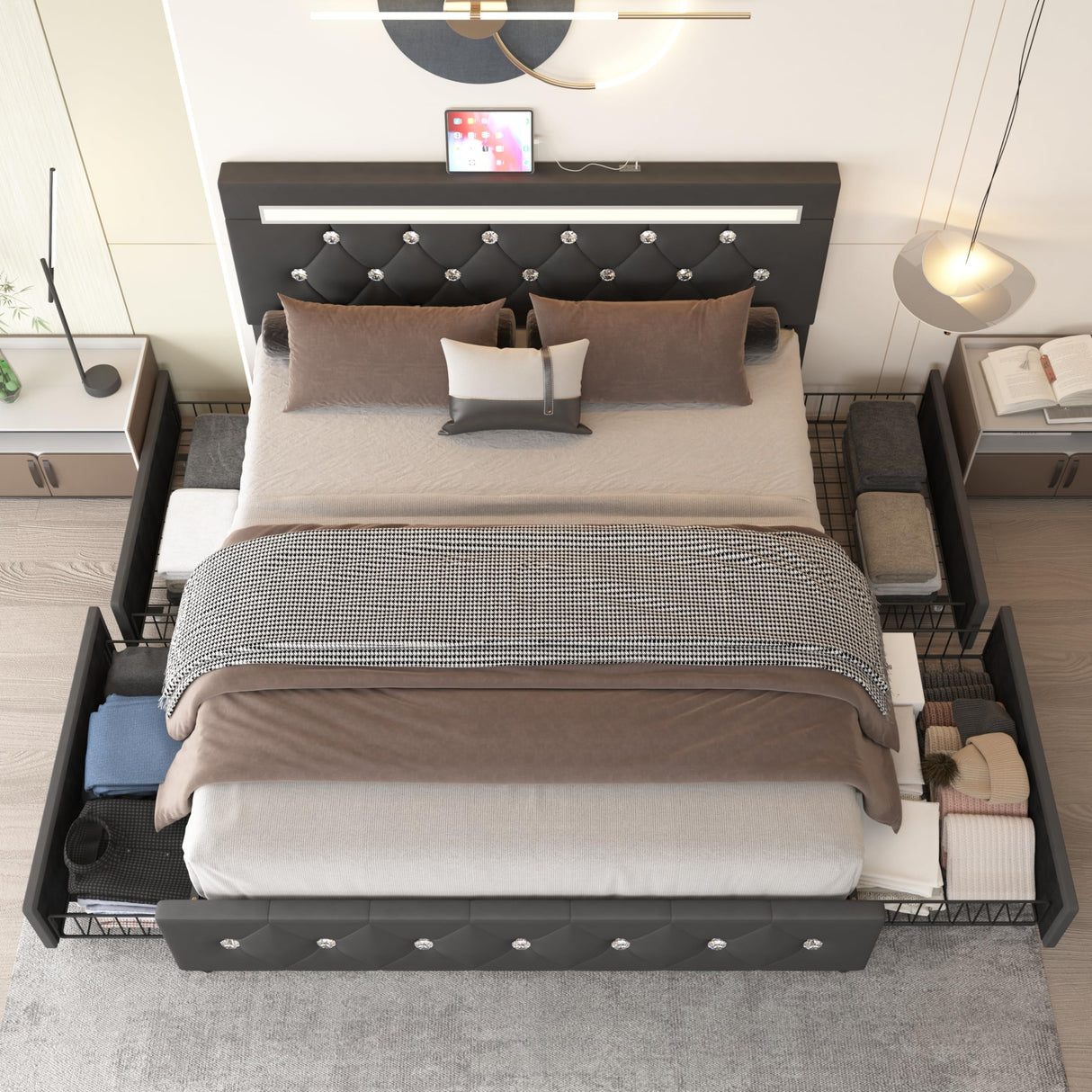 Full Size Bed Frame with 4 Drawers and LED Adjustable Headboard