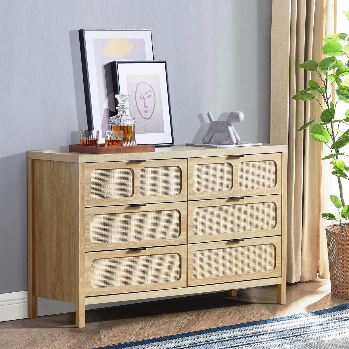 6 Drawer Dresser for Bedroom, Rattan Dresser Drawer Organizer with
