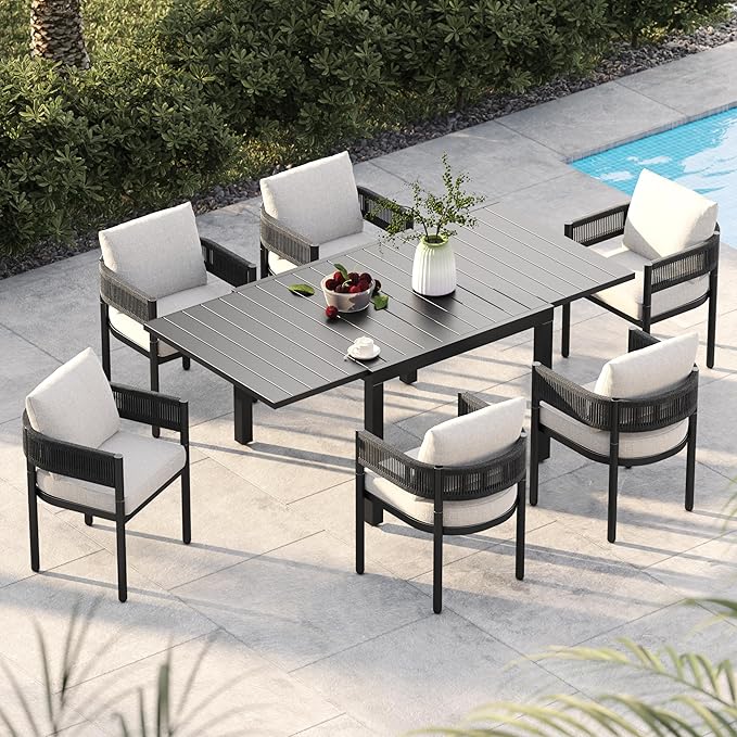 7-Piece Outdoor Dining Set for 6 with 1 Rectangle Expandable Table for 4-6 Person