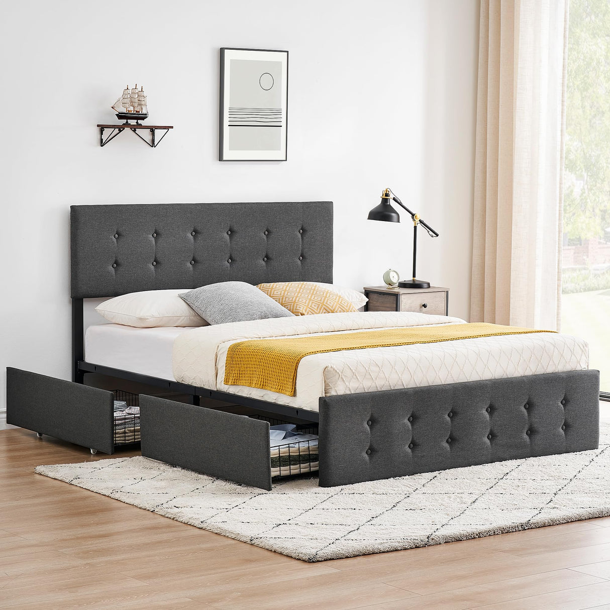 Queen Bed Frame with 4 Storage Drawers, Grey Tufted Design