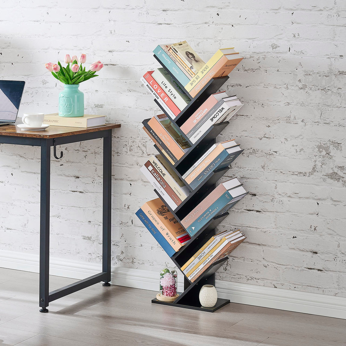 10 Tier Tree Bookshelf, 10 Shelf Bookcase, Free Standing Tree Bookcase, Display Floor Standing Shelf for Books