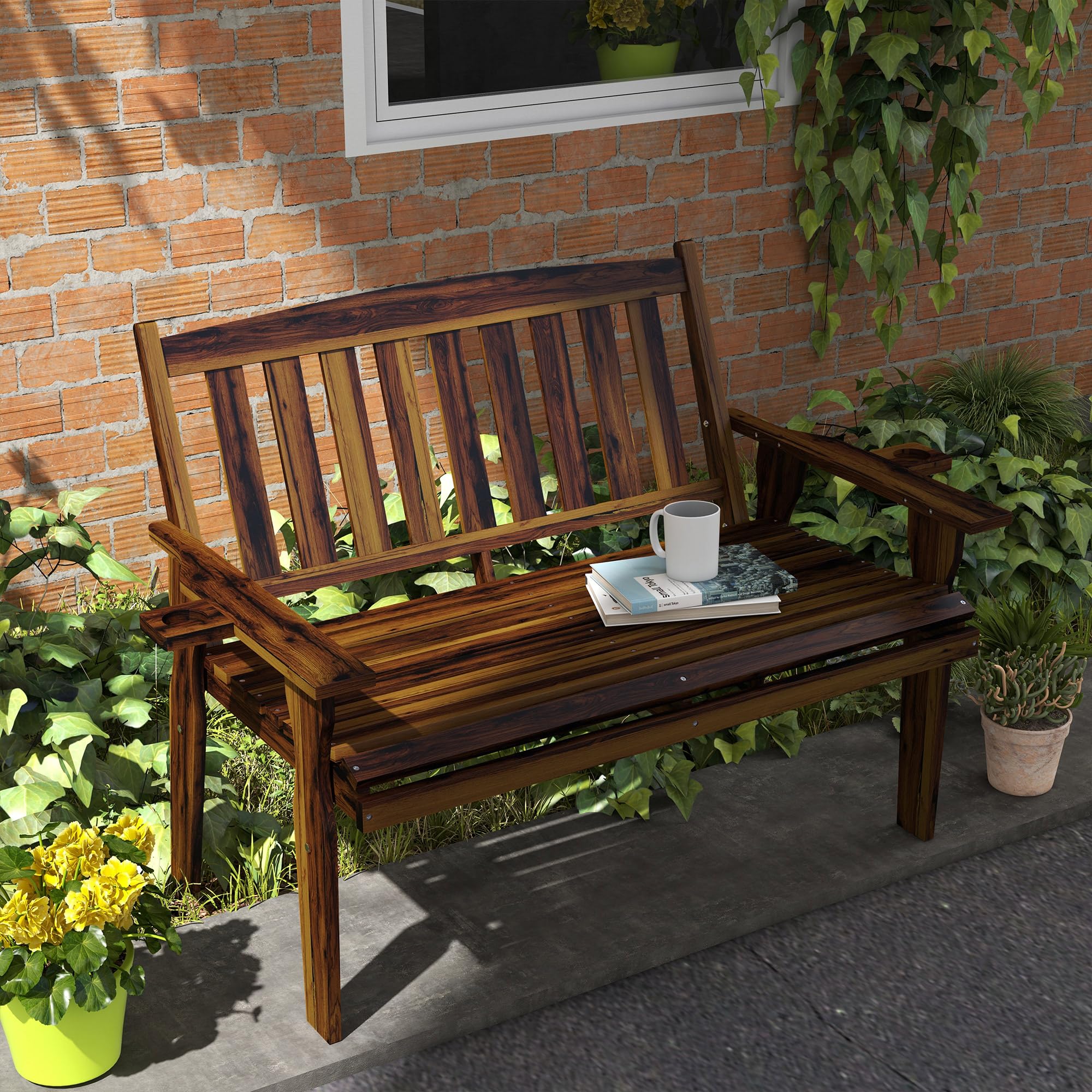 Wood Outdoor Bench, 2-Person Garden Bench with Cupholder Armrests