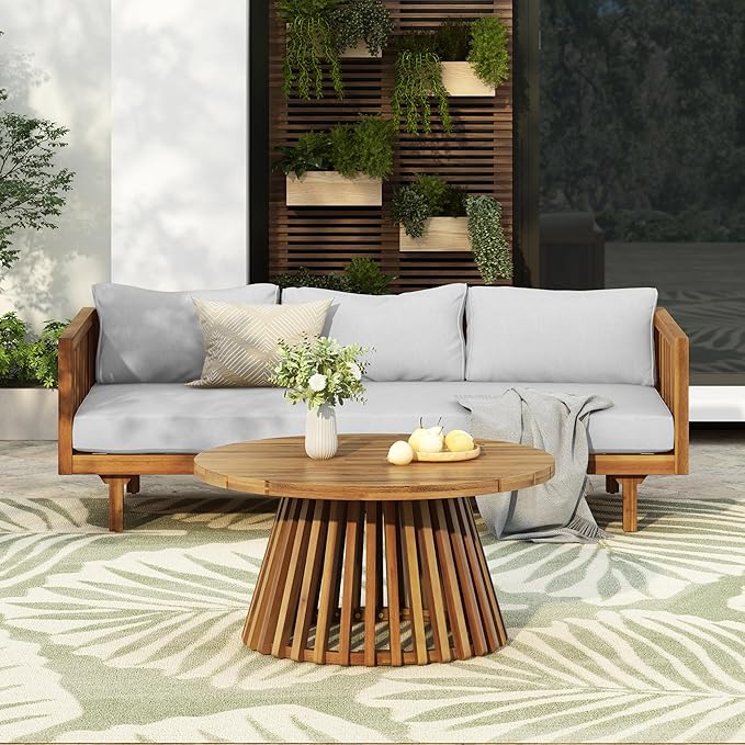 Outdoor Acacia Wood Conversation Set, 3-Seat Loveseat Sofa w/Coushion and Coffetable