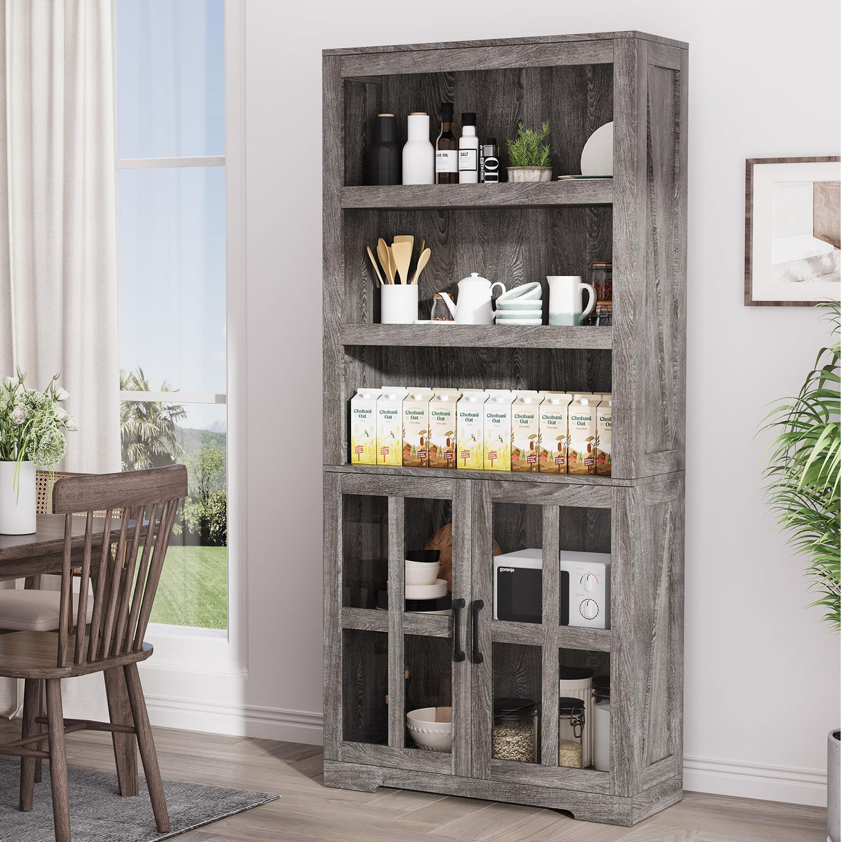 Bookshelf with Cabinet, 68.9'' Book Shelf with Door 5 Tier Farmhouse Bookshelf with Glass Window, Wood Bookcase Bookshelves Kitchen Pantry for Living Room Home Office Kitchen (Oak)