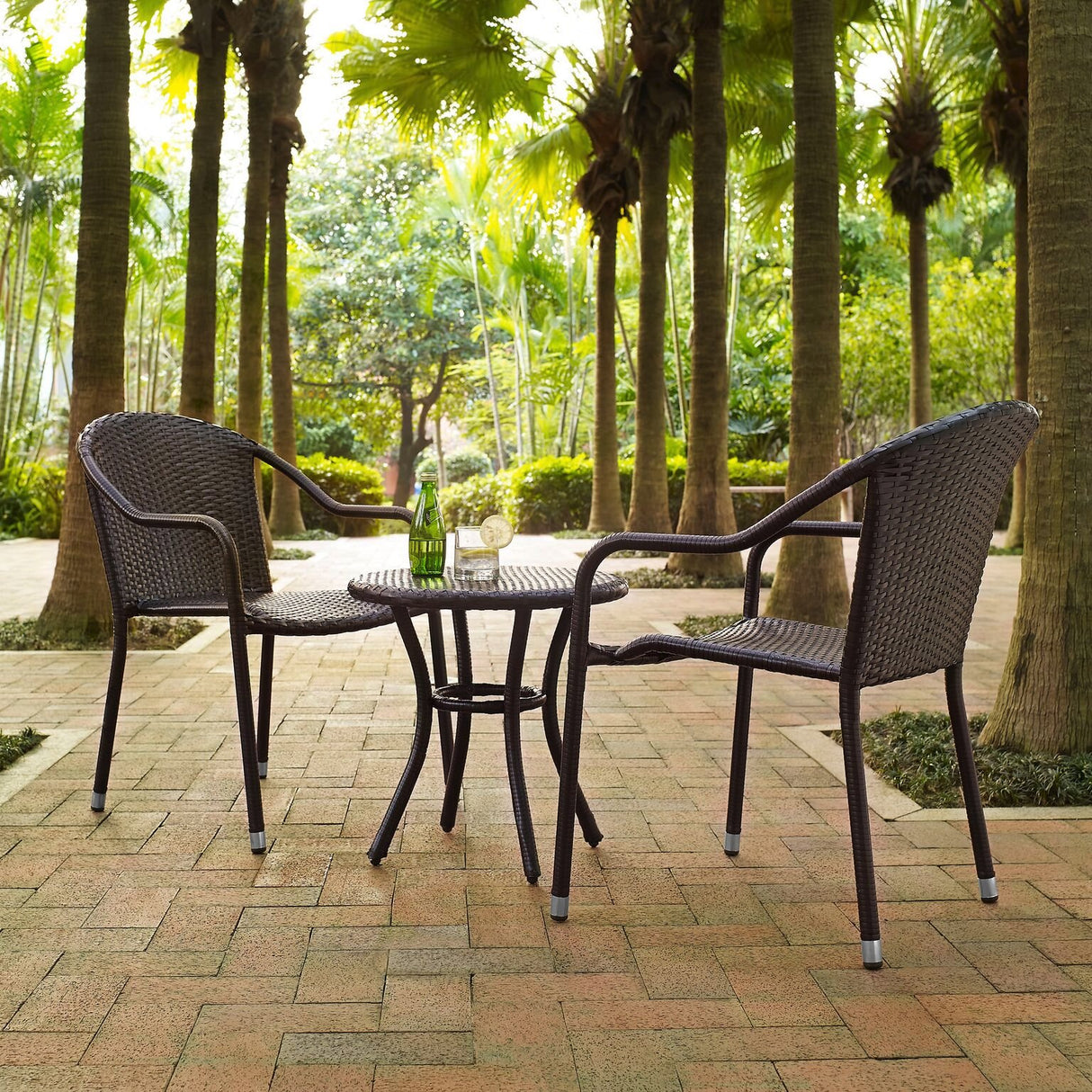 Palm Harbor 3-Piece Wicker Conversation Set, Side Table and 2 Stackable Patio Chairs