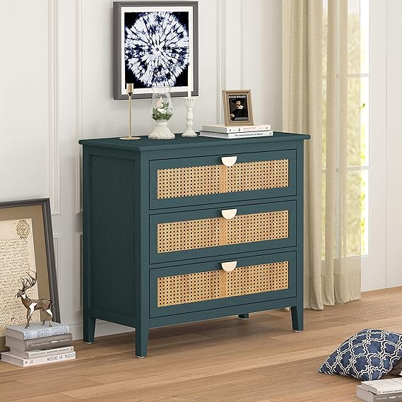 Rustic Nightstand Bedside Table with 3 Mesh Rattan Drawers, Entryway Chest of Drawers