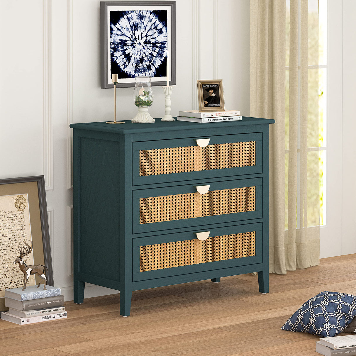 Rustic Nightstand Bedside Table with 3 Mesh Rattan Drawers, Entryway Chest of Drawers