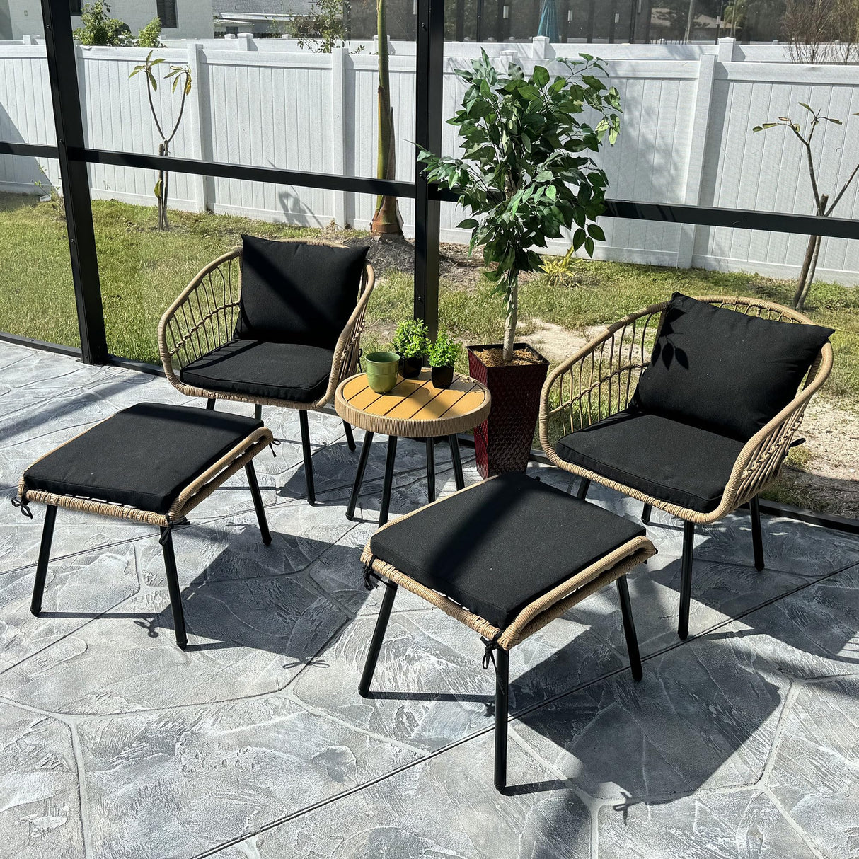 5 Piece Patio Bistro Set, Outdoor Wicker Conversation Set with Ottomans and Side Table
