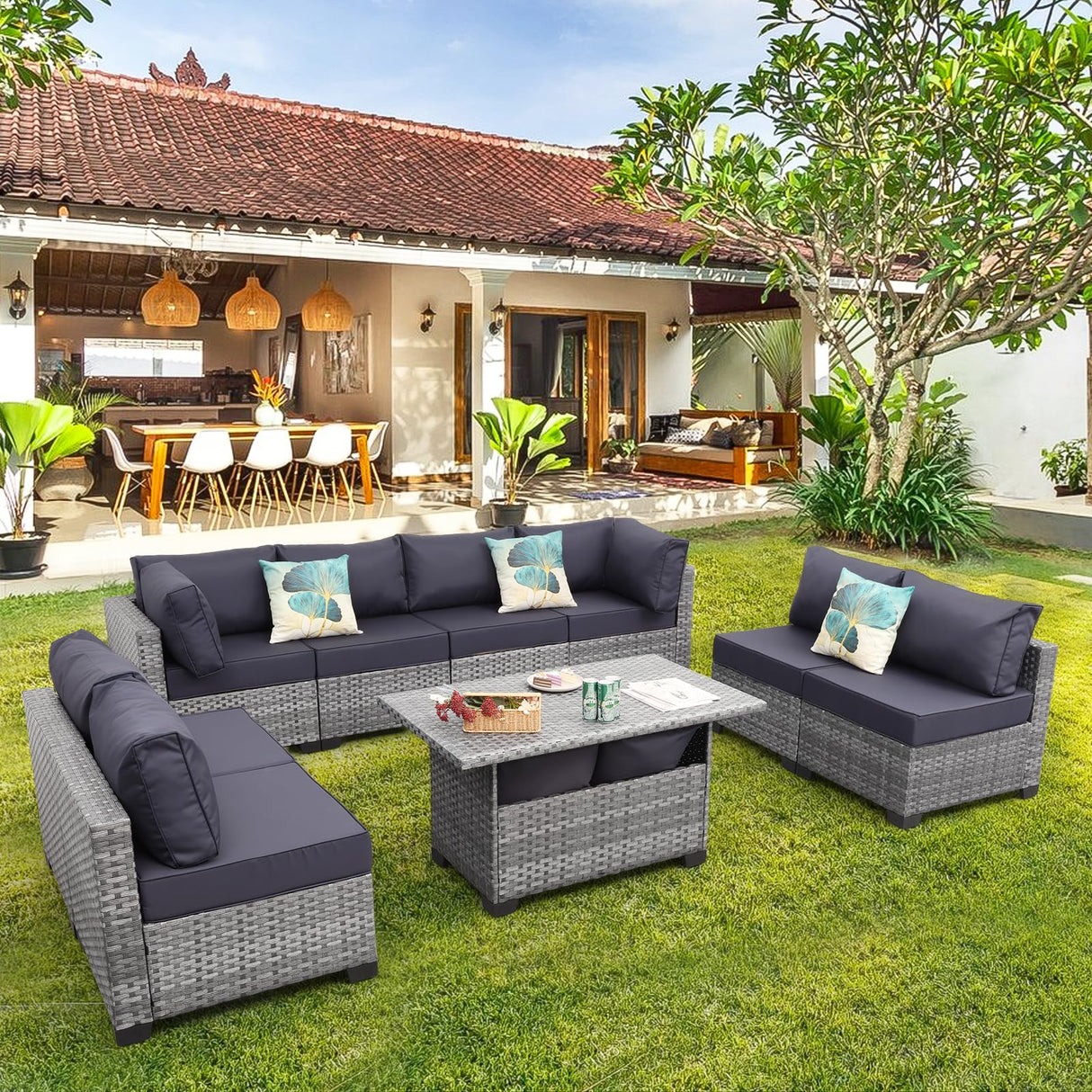 Patio Conversation Set Sectional Sofa 9 Pieces Outdoor Sectional Wicker Furniture