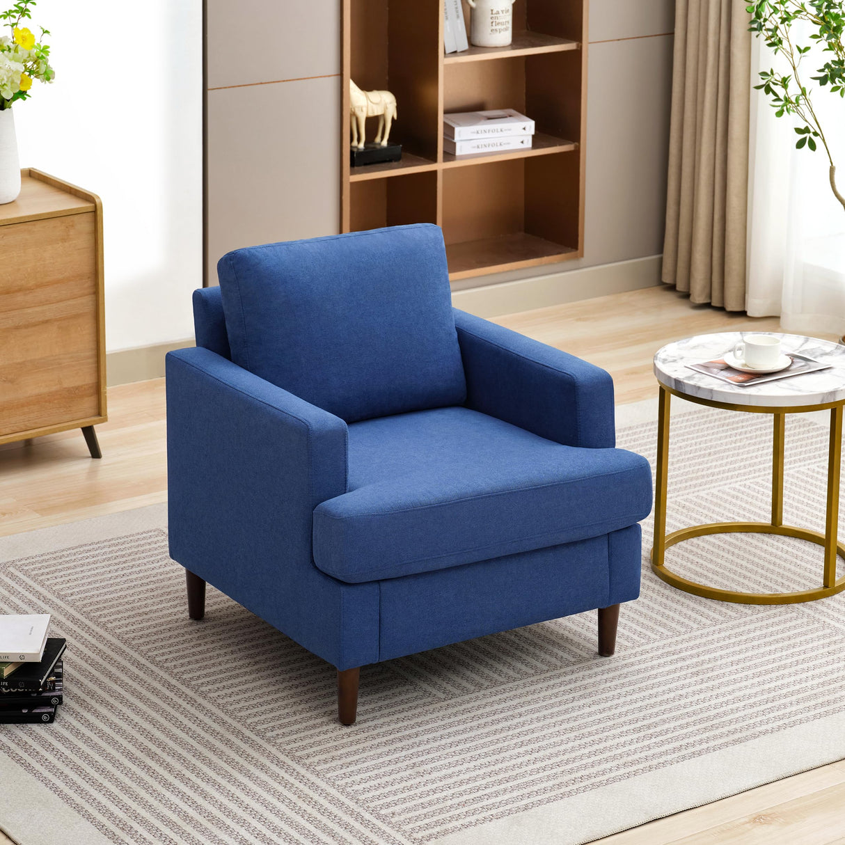 Mid-Century Accent Chair,Modern Linen Fabric Armchair for Living Room