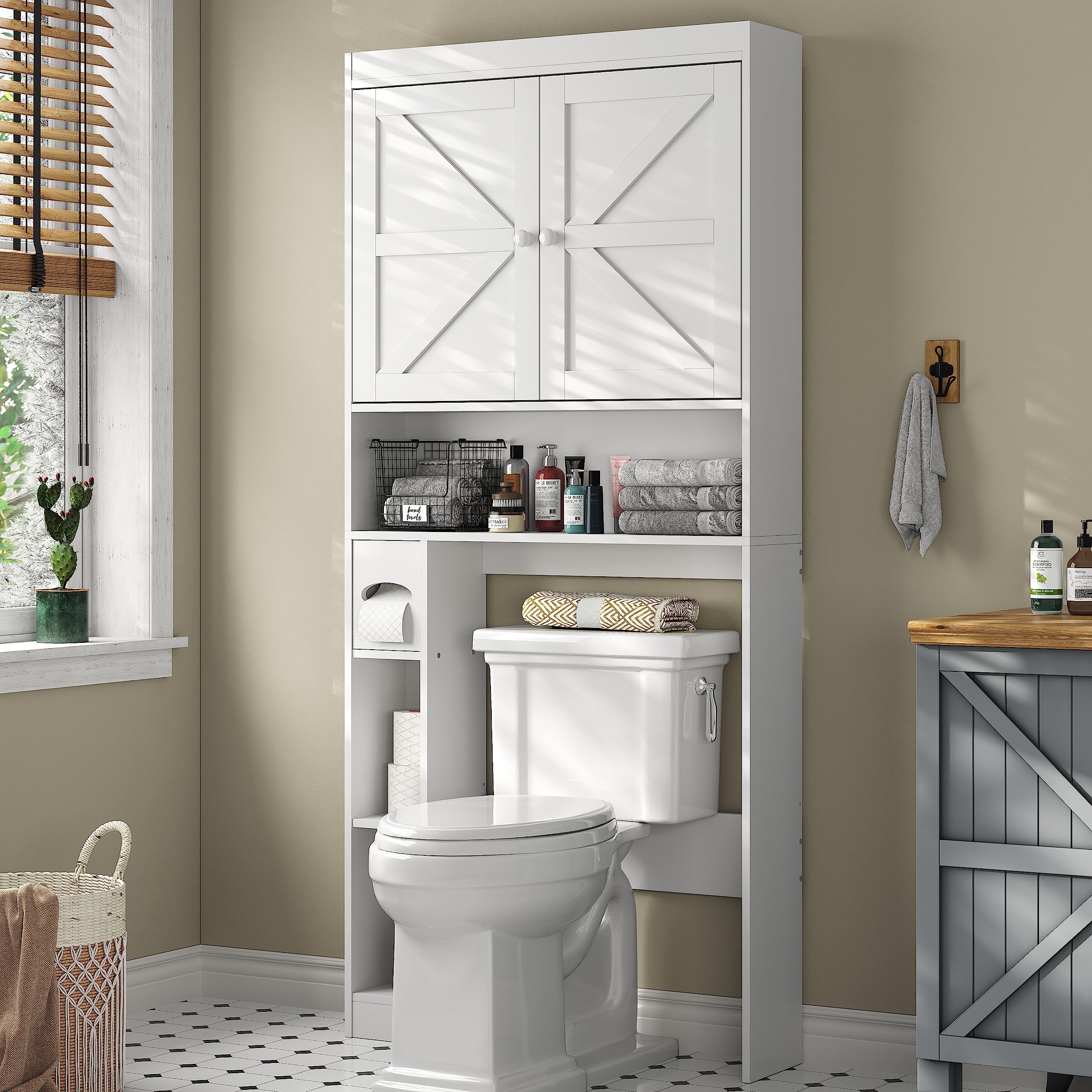 Over The Toilet Storage Cabinet with Barn Doors, 32.3''W Free Standing Toilet Storage