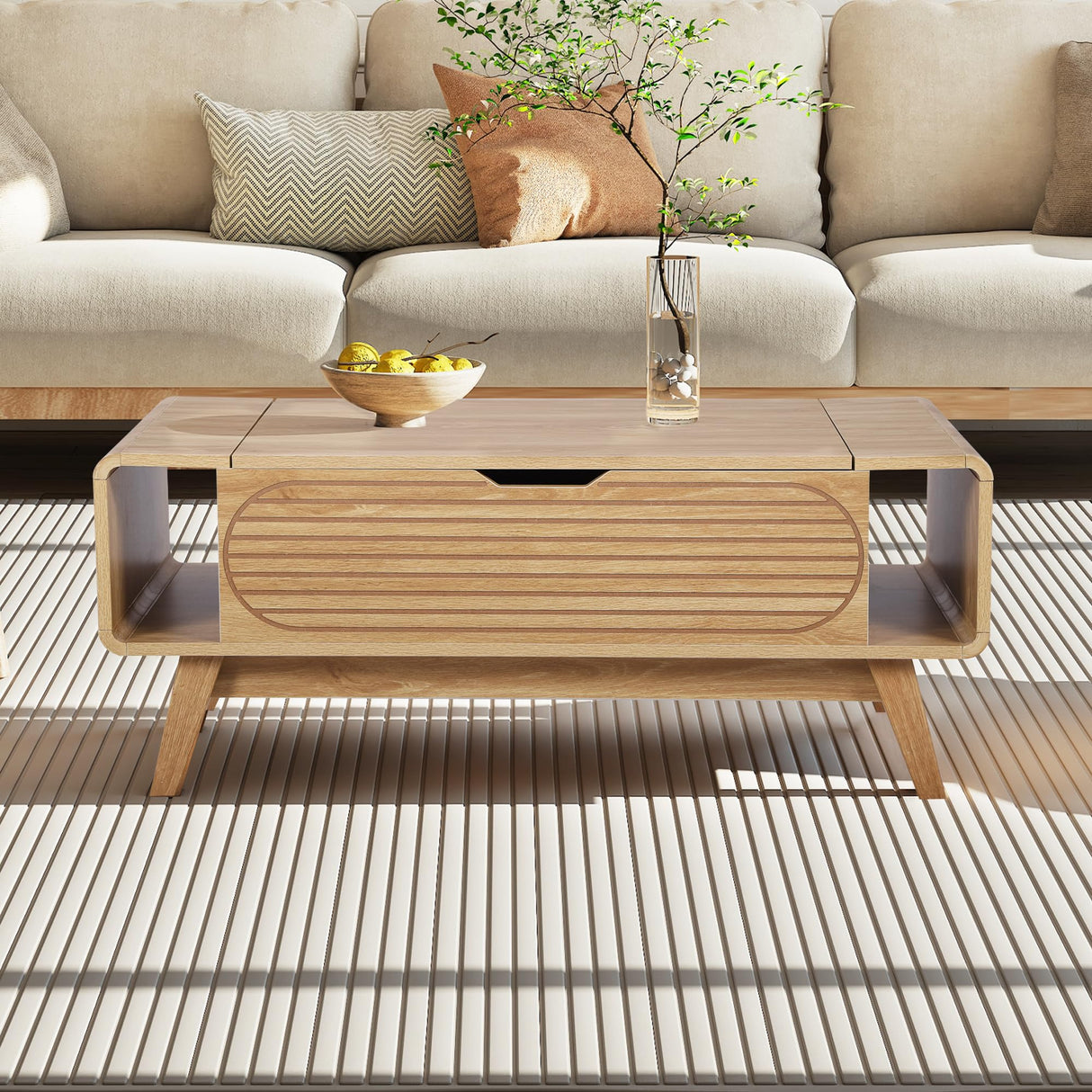 Small Lift Top Coffee Table with Hidden Compartment, Mid Century Modern Curved Coffee Table with Storage Shelf, Wooden Rectangle Center Table with Lift Tabletop for Living Room, Office (Natural)