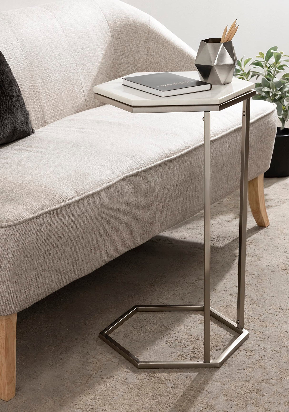 Trillion Modern Chic Marble Accent End Table with Hexagon Top, 16 x 14 x 28, Silver