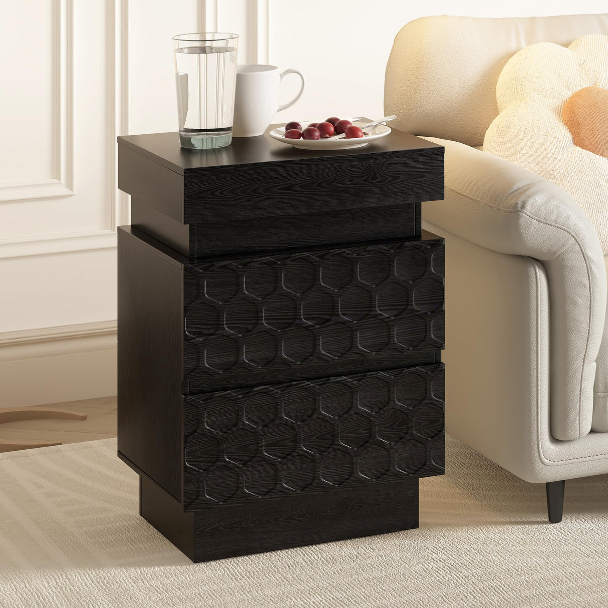 Black Led Nightstand with Charging Station, Night Stand with Drawers and Light