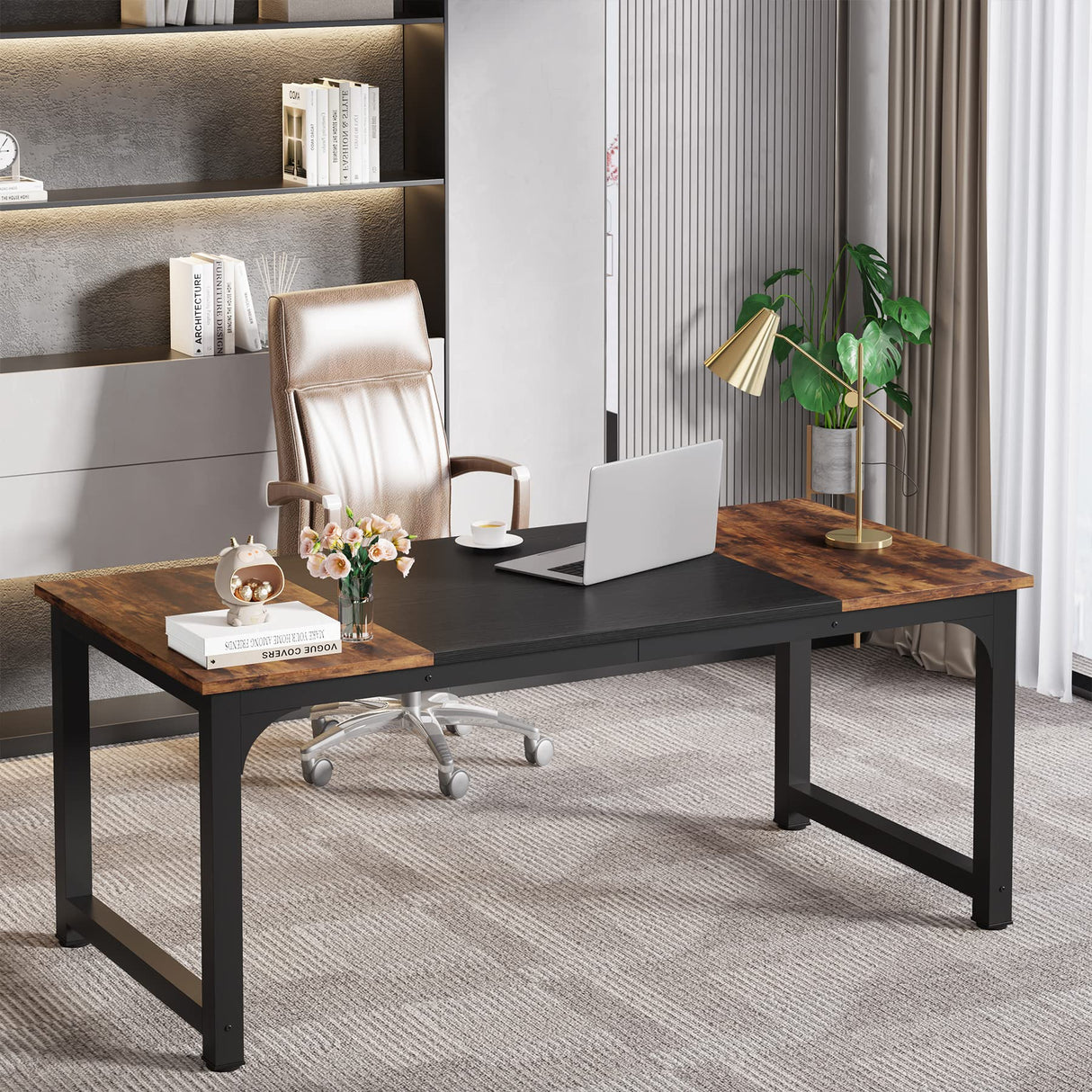 63 Inch Large Executive Computer Office Desk, Brown+Black