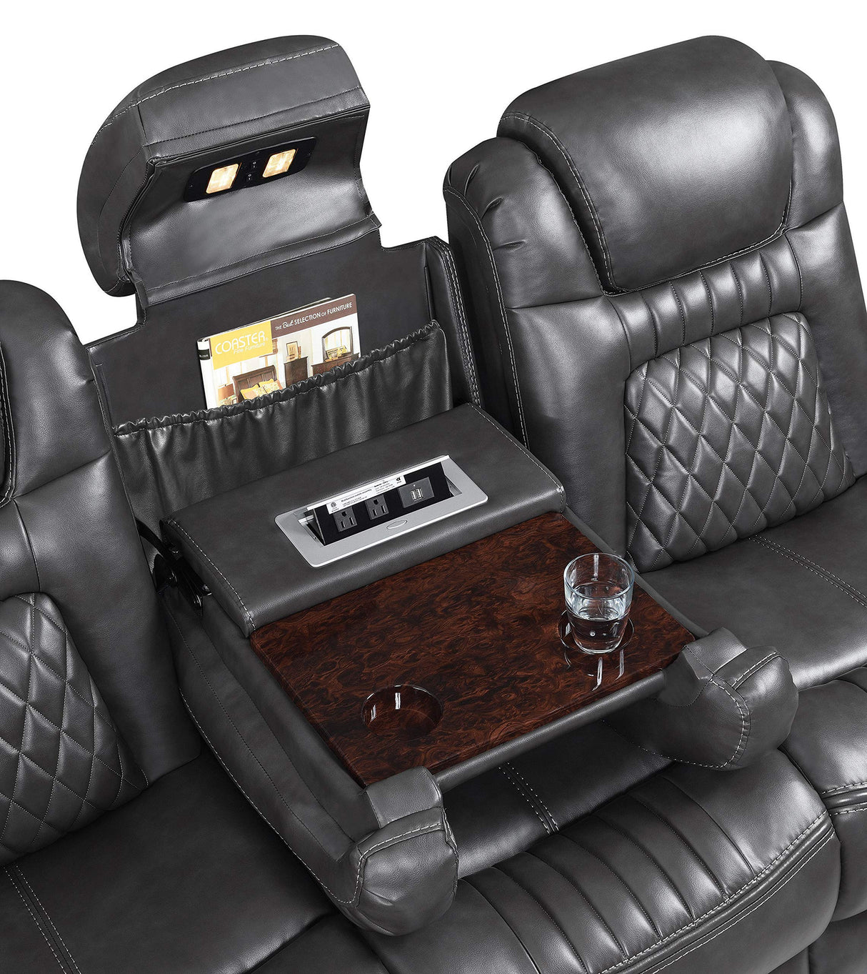 Black Leatherette Diamond Tufted Power Recliner Sofa with Drop Down Storage