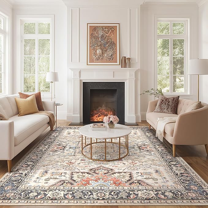 Area Rug 9x12 for Bedroom Living Room, Medallion Printed Ultra-Thin Soft Large Carpet