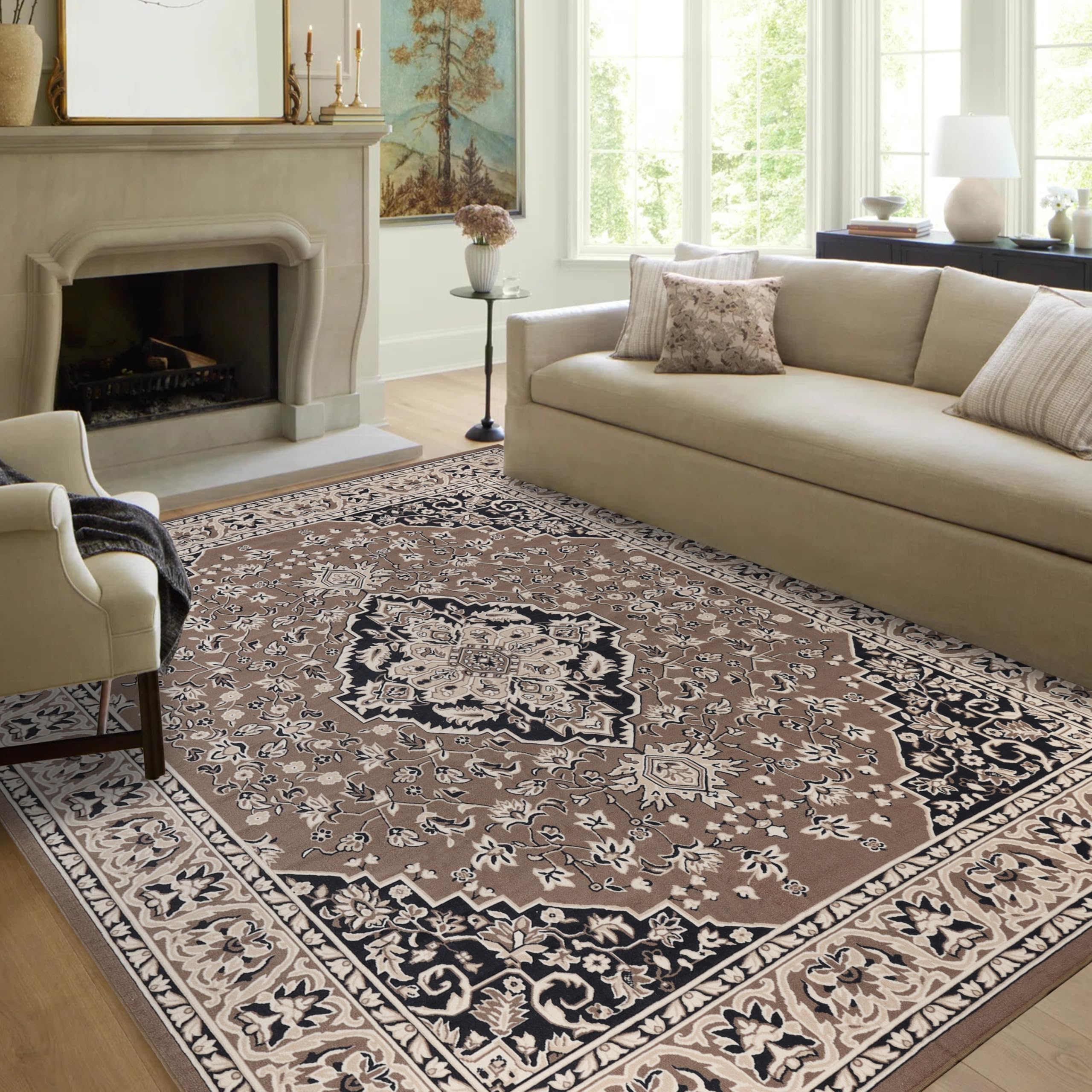 Superior Indoor Area Rug, Plush Carpet Cover, Traditional Oriental Medallion, Perfect for Hallway, Entryway, Living Room, Dining, Bedroom, Office, Kitchen, Glendale Collection, 10' x 14', Brown