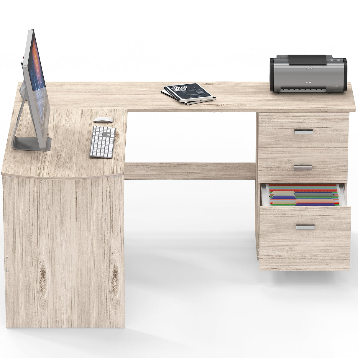Shaped Home Office Wood Corner Desk with 3 Drawers, Maple
