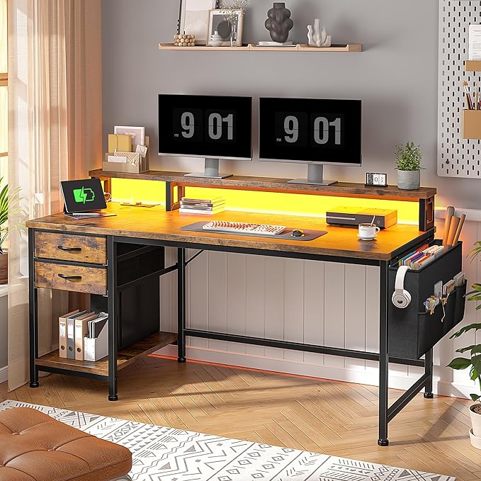 48" Computer Desk with LED Strip, Gaming Desk with Drawers & Storage Bag