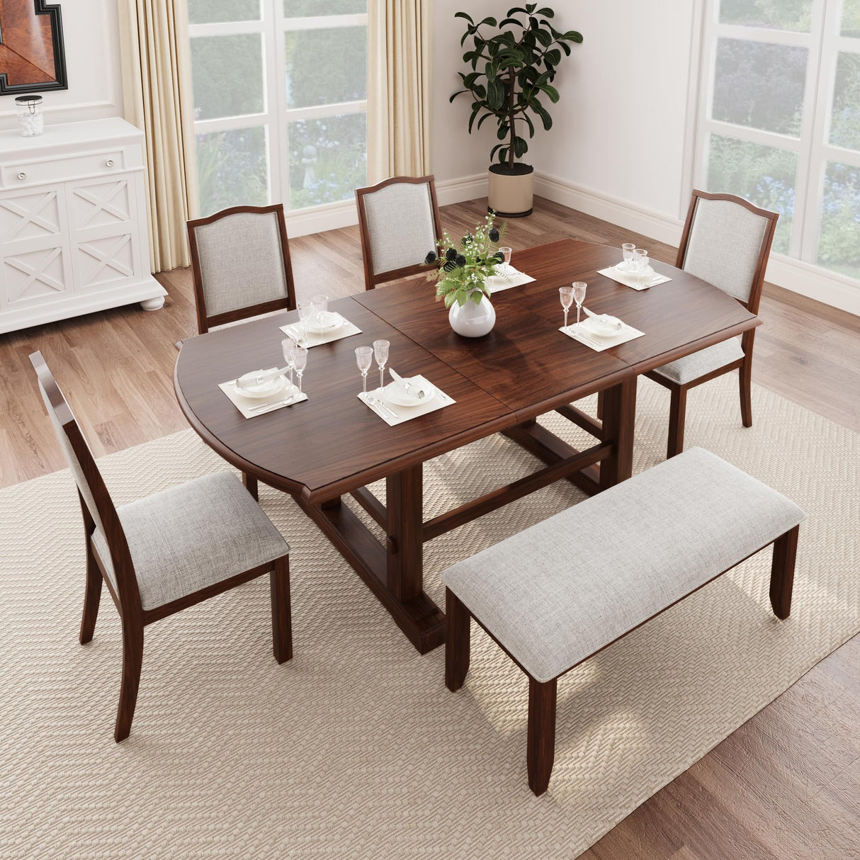 Harper & Bright Designs 6-Piece Dining Table Set for 6, 78inch Extendable Wood Rectangular Dining Table with Removable Leaf, Kitchen Table Set with 4 Upholstered Side Chair and Bench,Cherry