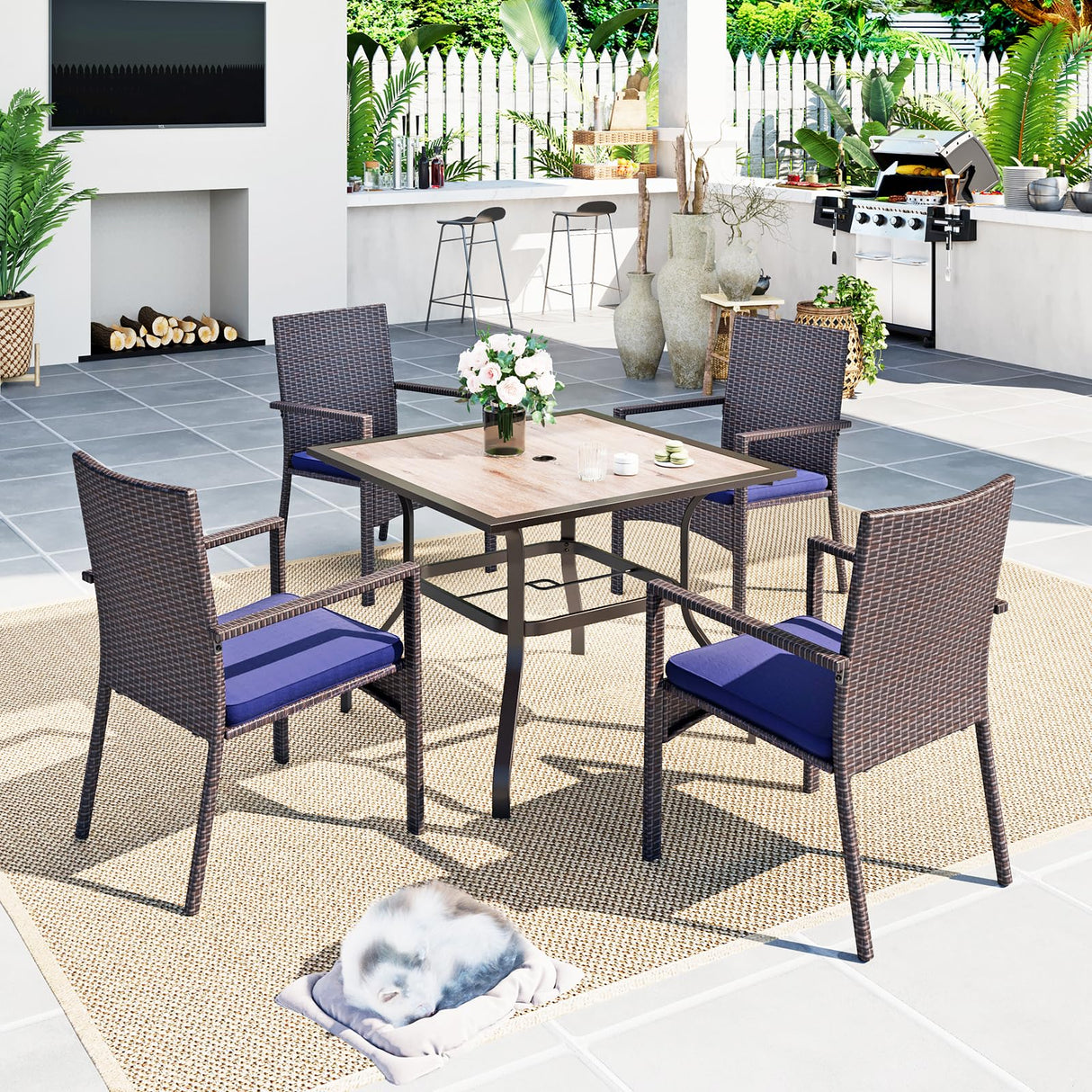 5 Pieces Patio Dining Set, Square Outdoor Table and Chairs Set for 4, Patio Table and Cushioned Rattan Chairs