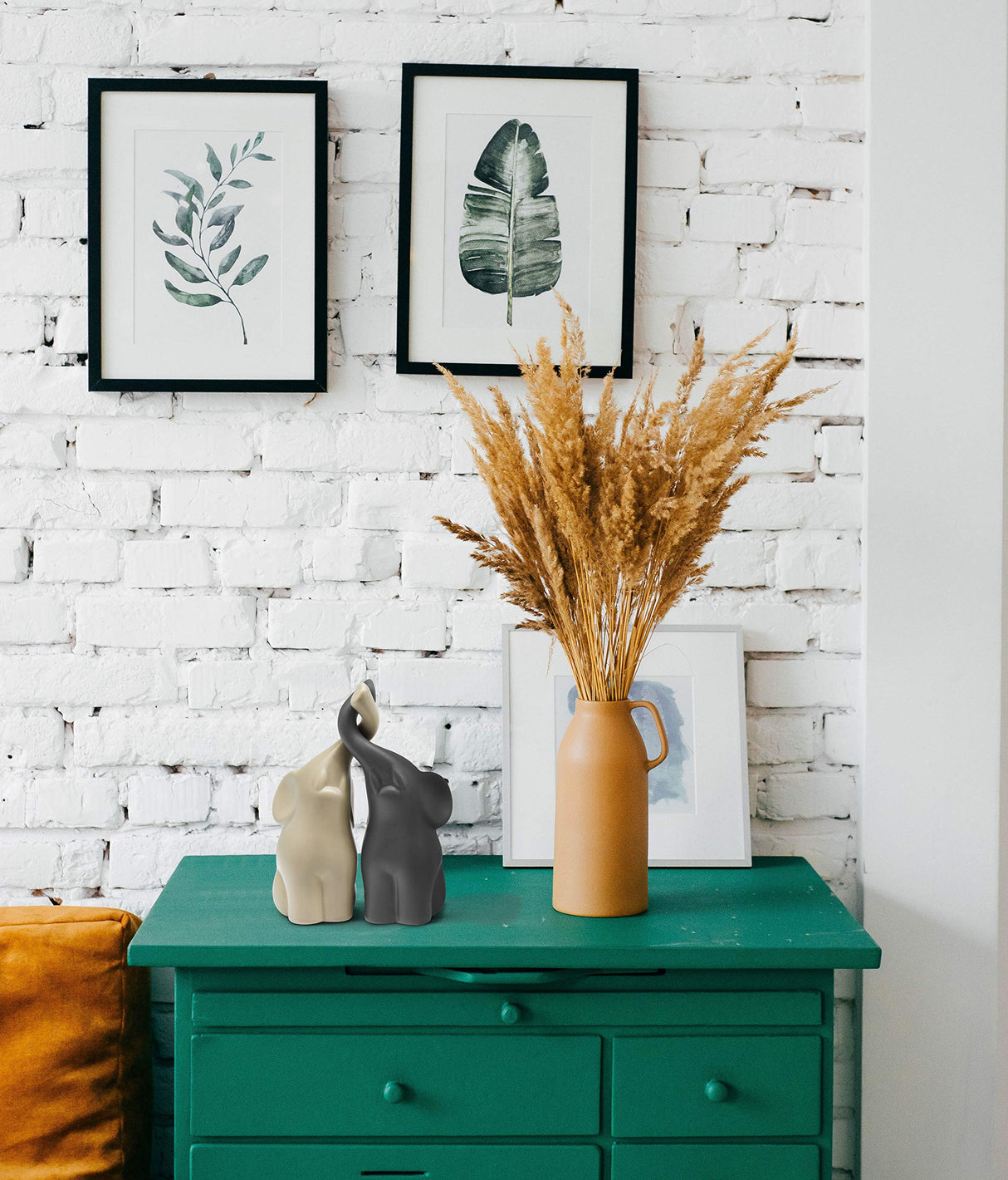 Loving Pair of Elephants in Beige & Grey - Modern Ceramic Sculpture - Figurine as a Set