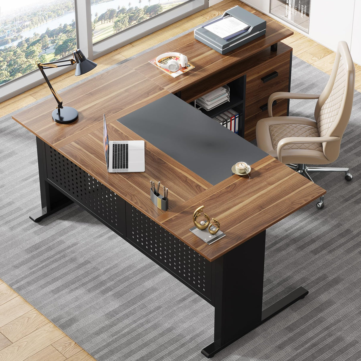 63 Inch Executive Desk with File Cabinet, Large Office Desk L Shaped Computer Desk