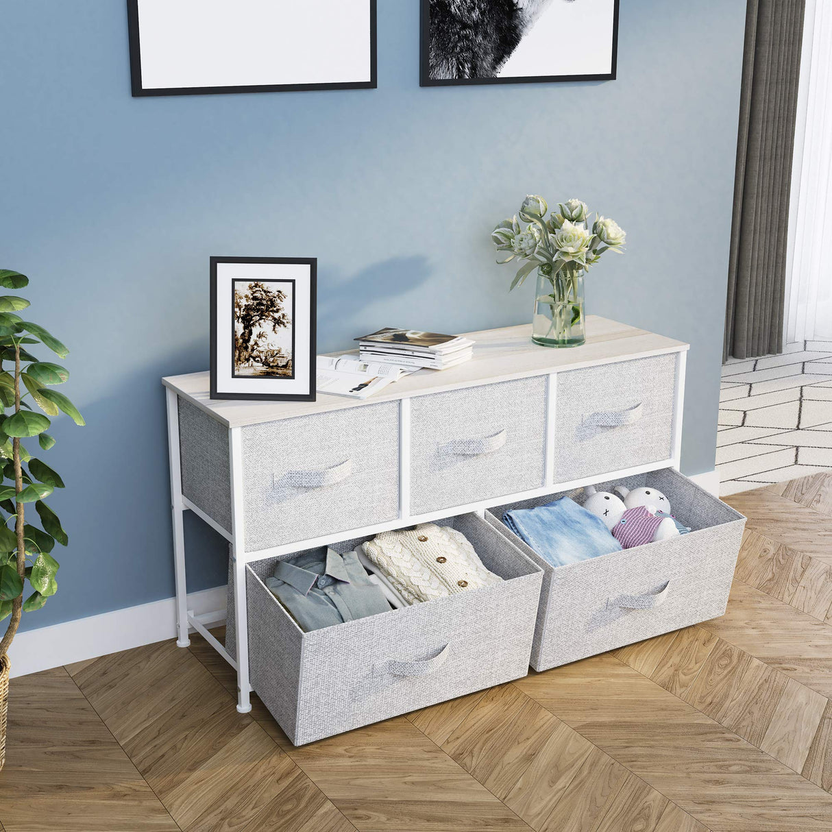 Dresser with 5 Drawers - Fabric Storage Tower