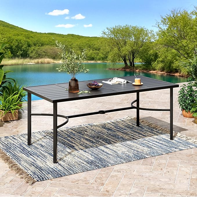67x33 Inch Outdoor Dining Table for 6 with Umbrella Hole - Weather Resistant Metal Patio Table
