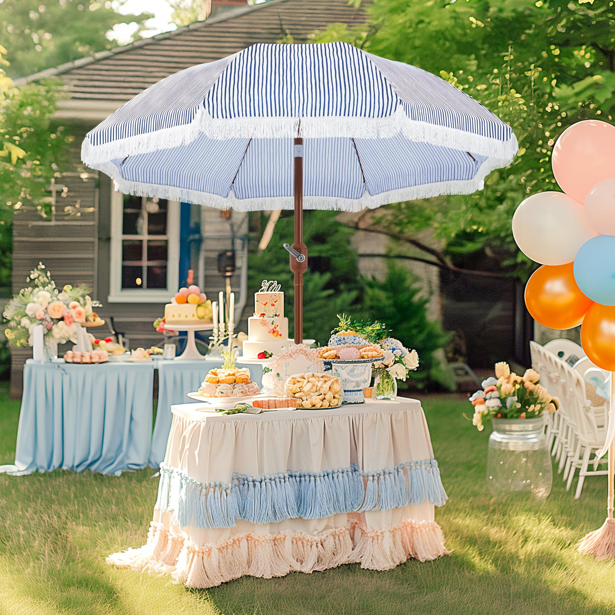 9ft Patio Umbrella with Tassels, Fringe Portable Beach Umbrella, Umbrella Outdoor Patio