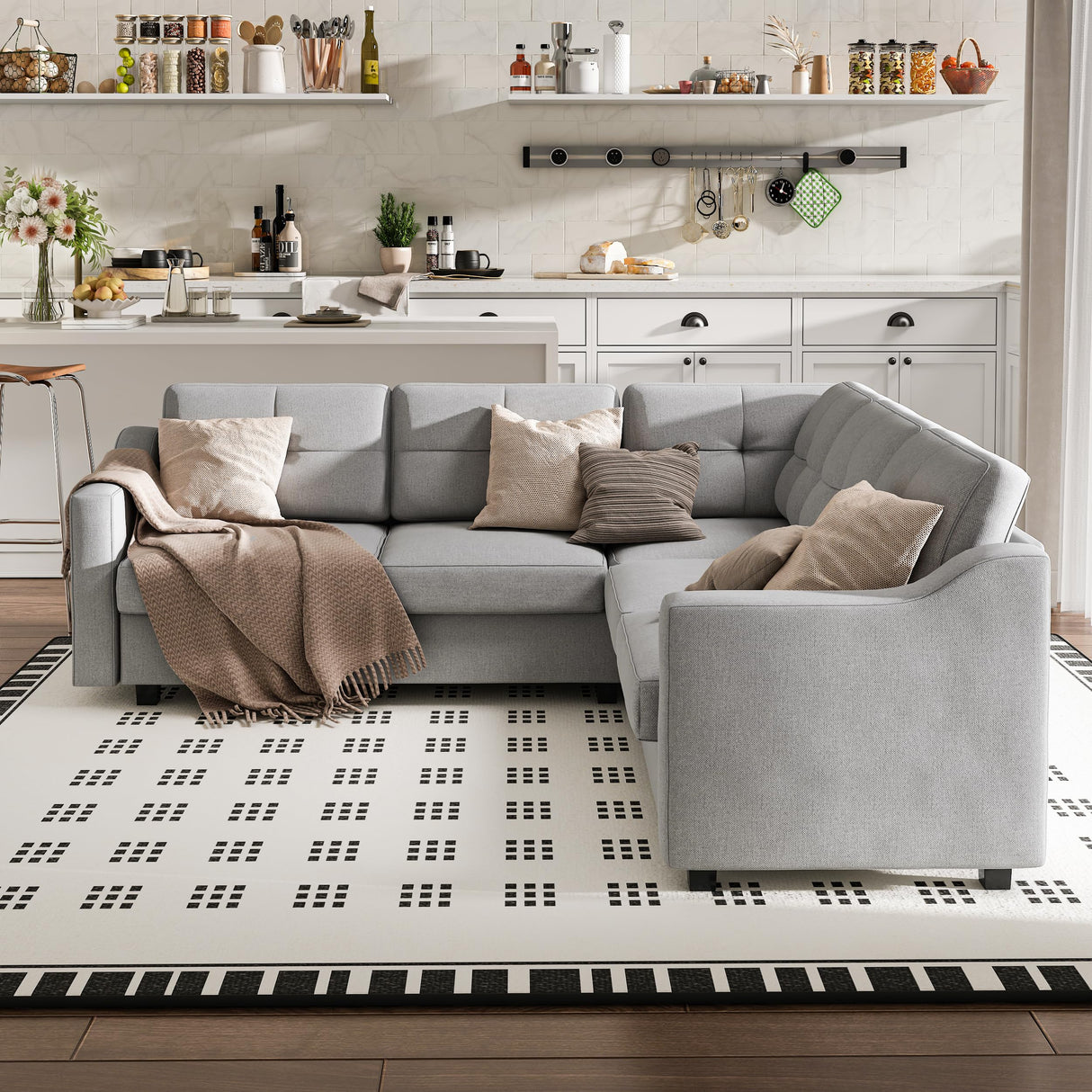 Neoriver 5-Seat L-Shaped Convertible Sectional Sofa – Light Grey