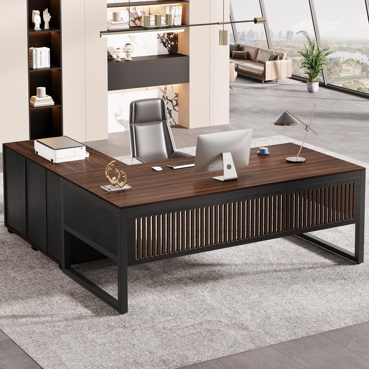 63-Inch Executive Desk, Large Office Desk with Mobile File Cabinet