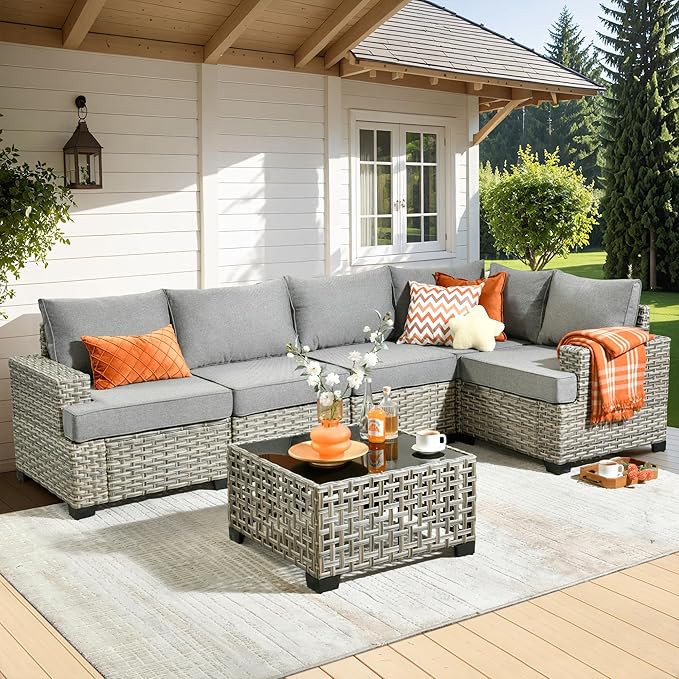 6 Pieces Patio Furniture Set, Outdoor Sectional Sofa Couch with Solar Coffee Table