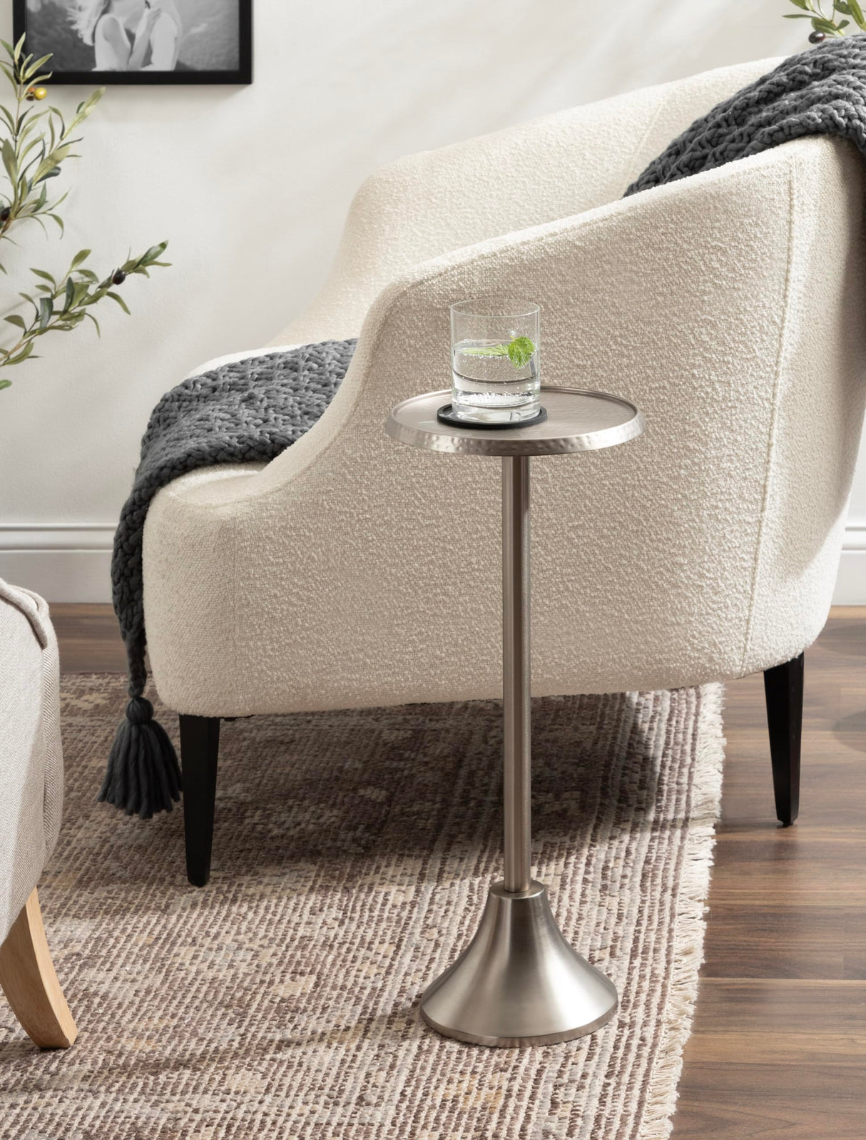 Sanzo Modern Pedestal Drink Table, 9 x 9 x 23, Antique Nickel, Decorative End Table