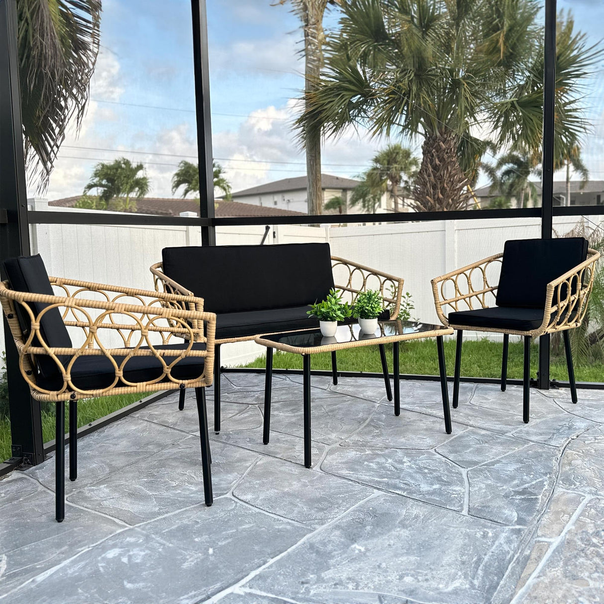 YITAHOME 4 Pieces Patio Furniture Set, Wicker Outdoor Bistro Set, All-Weather Rattan Conversation Set with Loveseat Chairs Table Cushions for Backyard, Pool, Deck, Garden – Black