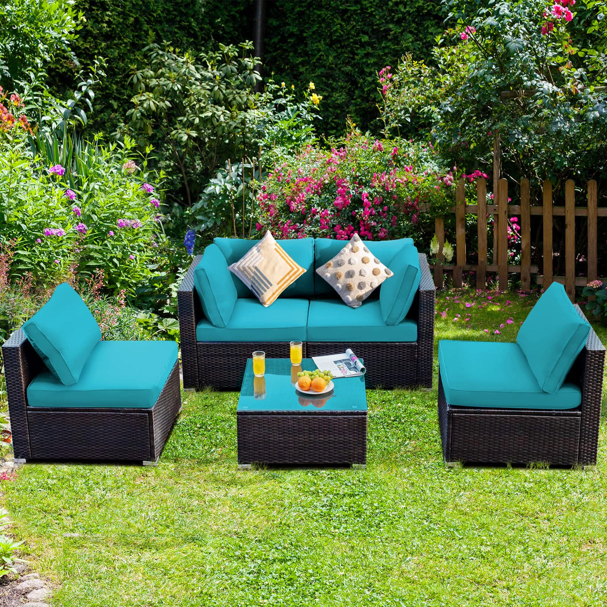 5-Piece Outdoor Patio Furniture Set - Rattan Wicker Sectional Sofa with Coffee Table & Cushions