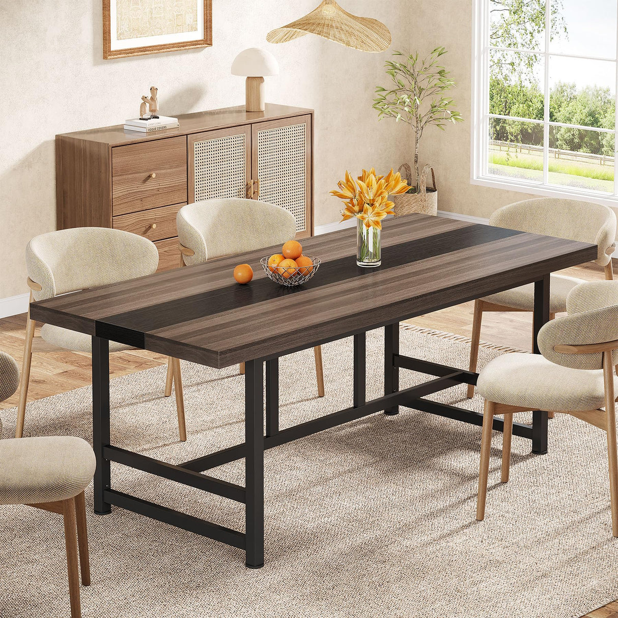 70 Inch Rustic Dining Table for 6-8 People with Metal Frame